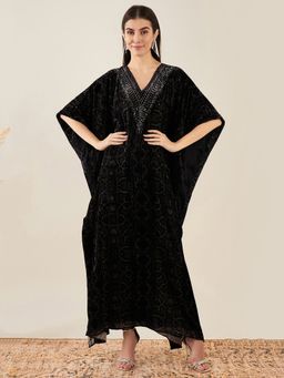 First Resort by Ramola Bachchan - Black Animal Print Embellished Silk Velvet Kaftan Dress