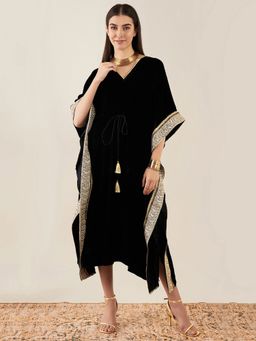 First Resort by Ramola Bachchan - Black Silk Velvet Maxi Kaftan Dress with Gold Lace Detail