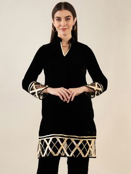 First Resort by Ramola Bachchan - Black Silk Velvet Kurta with Gota Lace Detail
