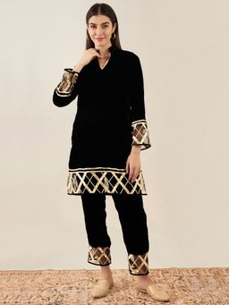 First Resort by Ramola Bachchan - Black Silk Velvet Kurta & Pant with Gota Lace (Set of 2)