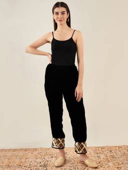 First Resort by Ramola Bachchan - Black Silk Velvet Straight Pant with Gota Lace Detail
