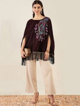 First Resort by Ramola Bachchan - Dark Brown Floral Sequinned Velvet Poncho