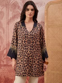 First Resort by Ramola Bachchan - Sequin Leopard Print Brown Top