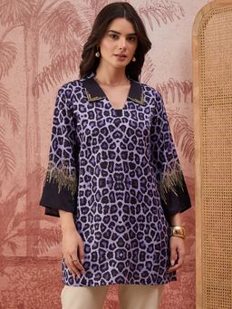 First Resort by Ramola Bachchan - Sequin Leopard Print Purple Top