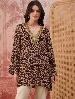 First Resort by Ramola Bachchan - Baroque Animal Print Brown Tunic