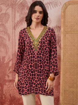 First Resort by Ramola Bachchan - Baroque Animal Print Pink Tunic