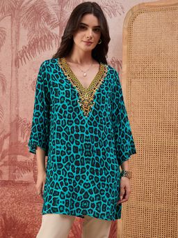 First Resort by Ramola Bachchan - Baroque Animal Print Turquoise Tunic