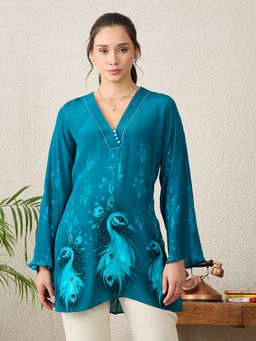 First Resort by Ramola Bachchan - Women Viscose Printed Teal Top