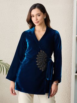 First Resort by Ramola Bachchan - Women Velvet Solid Blue Top