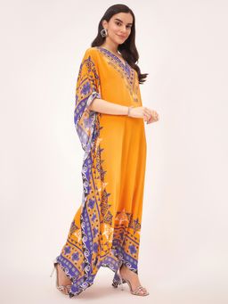 First Resort by Ramola Bachchan - Yellow Mexican Print Embellished Full Length Kaftan