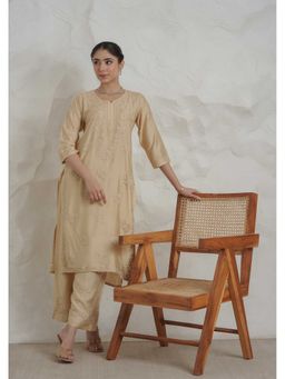 Gharana India - Beige Chanderi Chikankari Kurta with Pant