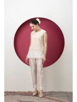 SMRITI GUPTA - Off White Chanderi Striped Embroidered Top