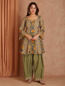 Shri Sanyogini - Olive Green Hand Block Printed Cotton Kurta with Salwar