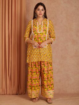 Shri Sanyogini - Mustard Block Printed Cotton Kurta with Salwar
