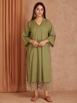 Shri Sanyogini - Olive Green Cotton Kurta with Printed Palazzo