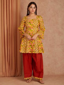 Shri Sanyogini - Yellow Cotton Short Kurta with Salwar