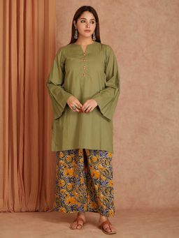 Shri Sanyogini - Green Cotton Short Kurta with Printed Palazzo
