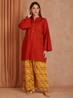 Shri Sanyogini - Red Cotton Short Kurta With Printed Palazzo- Set Of 2
