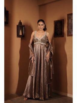 Vana Ethnics - Bronze Tissue Mirror Embellished Flared Anarkali With Pant And Dupatta