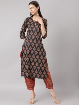 Divena - Black and Red Cotton Buti Printed Kurta with Hem Cuffed Pant (Set of 2)