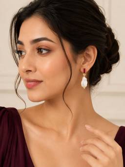 Zaveri Pearls - Red Dazzling Stone Contemporary Baroque Pearl Drop Earring-Zpfk22327