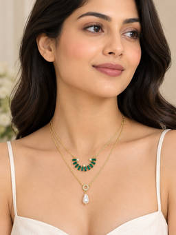 Zaveri Pearls - Green Stones Crescent Contemporary Layered Necklace Chain-ZPFK22333