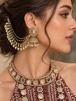 Zaveri Pearls - Gold Tone Dazzling Stones and White Pearls Ear Chain Earrings