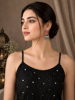 Zaveri Pearls - Pink Stone Antique Silver Oxidised Festive Earrings