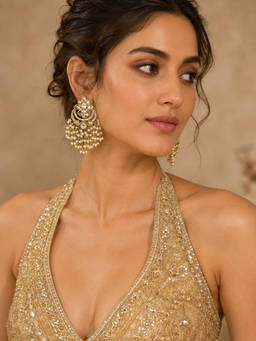 Zaveri Pearls - White Antique Gold Tone Diamonds Cluster Pearls Dangle Earring