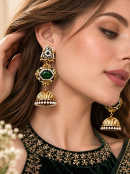 Zaveri Pearls - Green Stones Beads Two Tone Matte Finish Earrings