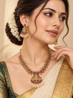 Zaveri Pearls - Multi-Color Goddess Lakshmi Temple Necklace and Earring Set (Pack of 3)