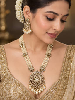 Zaveri Pearls - White Antique Gold Tone Stones Multistrand Jewellery Set