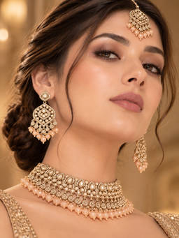 Zaveri Pearls - Multi-Color Champagne Stones Beads Necklace Earring and Maangtikka Set (Pack of 4)