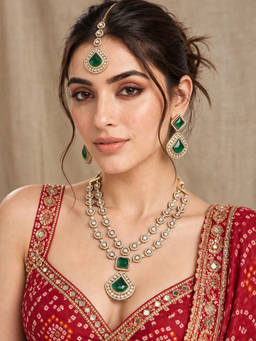 Zaveri Pearls - Multi-Color Antique Gold Tone Necklace Earring and Maangtikka Set (Pack of 4)