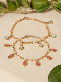 Zaveri Pearls - Orange Enamel Turquoise Blue Stone Charm Bracelet (Adjustable) (Pack of 2)