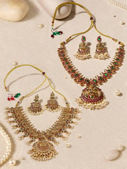 Zaveri Pearls - Pink Green Temple Jewellery Set (Pack of 2)