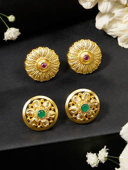Zaveri Pearls - Pink Green Cubic Zirconia Studs Earrings (Pack of 2)