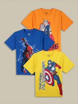 Kidsville - Printed Regular Fit Orange Blue and Yellow Cotton T-Shirts (Pack of 3)