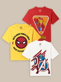 Kidsville - Printed Regular Fit Red Yellow and White Cotton T-Shirts (Pack of 3)