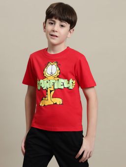 Kidsville - Garfield Printed Regular Fit Red Cotton Boys T-Shirt