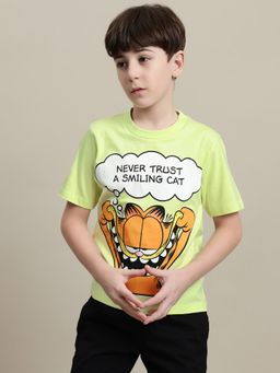 Kidsville - Garfield Printed Regular Fit Green Cotton Boys T-Shirt