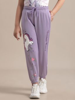 Kidsville - Printed Regular Fit Purple Cotton Girls Joggers