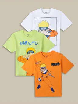 Kidsville - Printed Regular Fit White Green and Orange Cotton T-Shirts (Pack of 3)