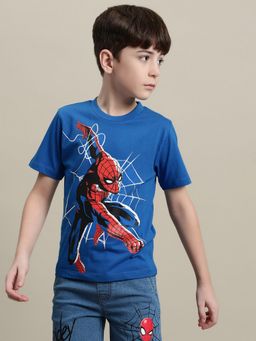 Kidsville - Spiderman Printed Regular Fit Blue Cotton Boys T-Shirt