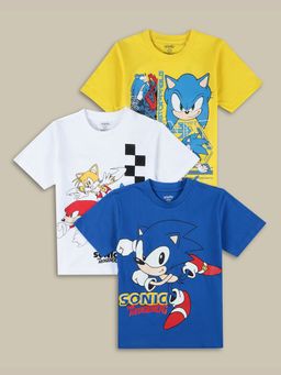 Kidsville - Printed Regular Fit Yellow White and Blue Cotton T-Shirts (Pack of 3)