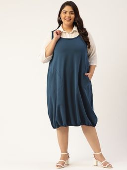 theRebelinme - Plus Size Women Ink Blue Solid Color Shirt Collar Balloon Dress