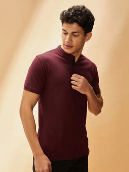 The Souled Store - Solids Mandarin Burgundy Mandarin T-Shirt for Mens