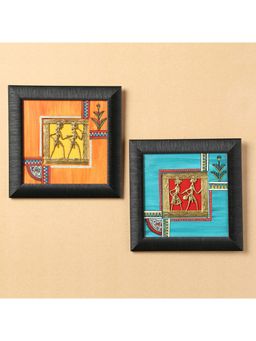 ExclusiveLane - Sunset Orange & Ocean Blue Handpainted Warli & Dhokra Square Wall Painting Set