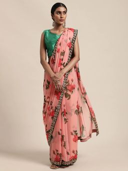 Vastranand - Peach Floral Sequinned Saree with Unstitched Blouse