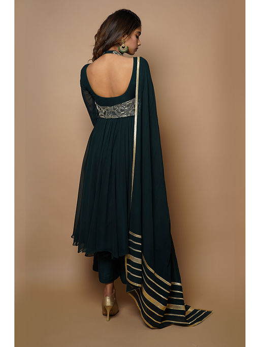 Buy Ahi Clothing Bottle Green Anarkali Suit (Set of 4) Online